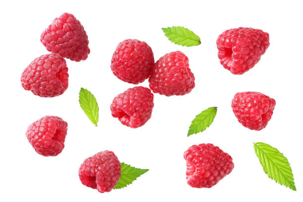 istock ripe raspberries with green leaf isolated on white background. top view 1170275253