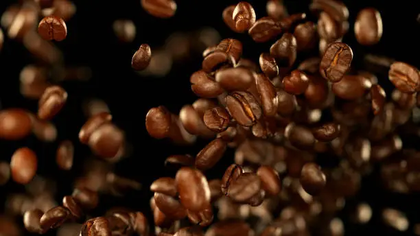 Fresh roasted coffee beans flying in the air, isolated on black background