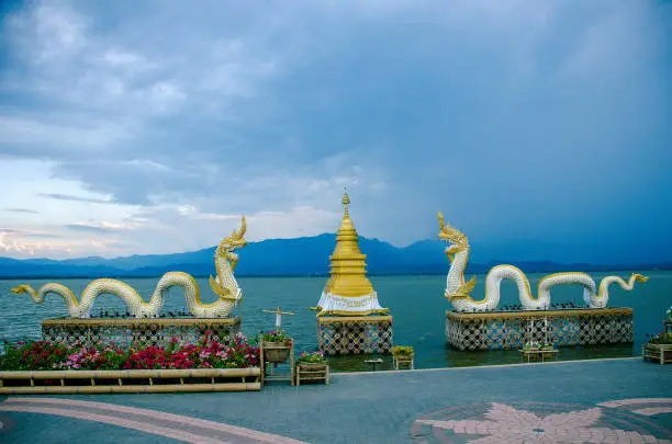 Photo of Pagoda and king of Nagaes at the grate lake of Phayao, Phayao, Thailand