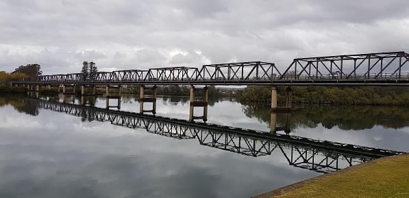 Taree, New South Wales / Australia - August 26, 2019: Martin Bridge panorama crossing the Manning River at Taree