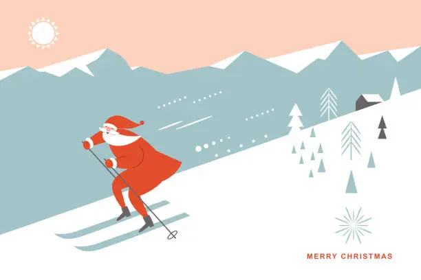 Vector illustration of Santa skiing downhill in high mountains, greeting card, season greetings, poster, banner, Merry Christms card
