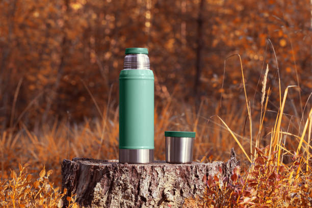 istock Green thermos with a cup on a stump in the autumn forest. 1170280175