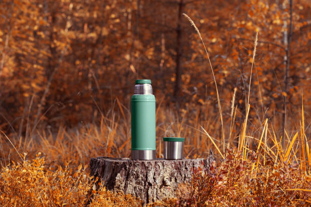 istock Green thermos with a cup on a stump in the autumn forest. 1170280282