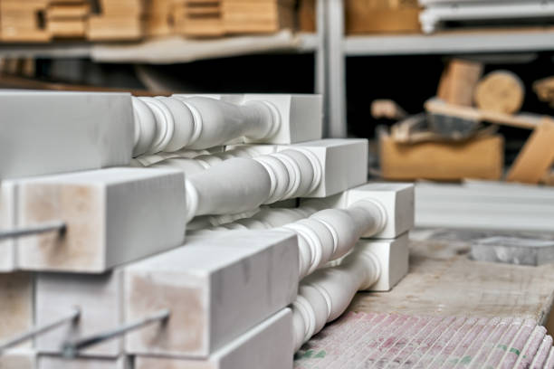 istock Balusters process production. Solid wood balusters before finishing. Furniture manufacture. Close-up 1170283260