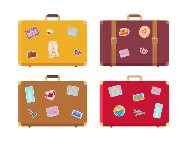 ilustraciones, imágenes clip art, dibujos animados e iconos de stock de bolsas de viaje de equipaje con pegatinas set vector - suitcase