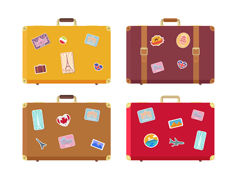 Luggage traveling bags with stickers isolated icons vector. Canada flag and Egyptian pyramids, Rome and UAE highest building, seaside sign airplane