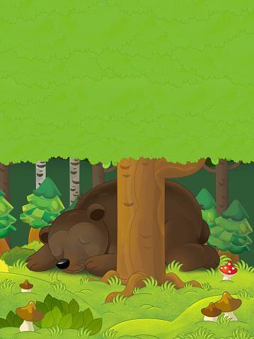Ilustración de Escena De Dibujos Animados Con Un Oso Durmiendo En El Bosque  Con Espacio Para El Texto y más Vectores Libres de Derechos de Abedul -  iStock