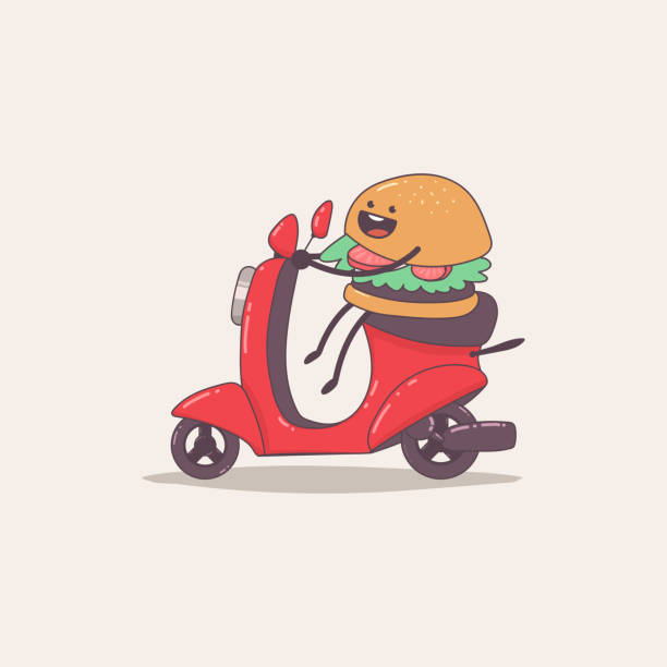 istock Burger delivery. Funny food courier character on the moped. Vector cartoon illustration isolated on background. 1170287759