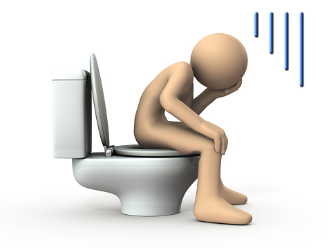 Un personaje que sufre en el baño. Tiene problemas con el dolor abdominal. Fondo blanco. Ilustración 3D. photo