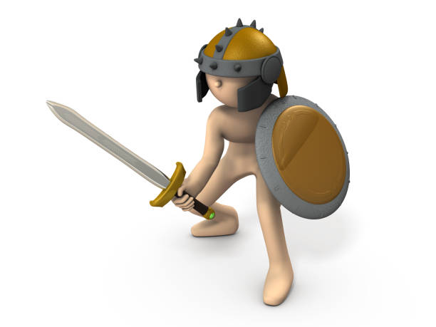 A swordsman armed with an old fashioned shield and sword. He is fighting. White background. 3D illustration.