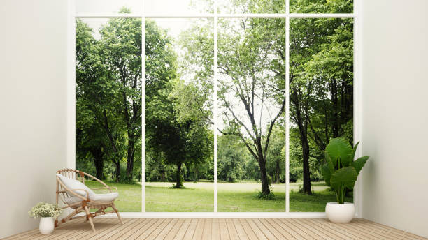 家庭と自然のビューのリビングルーム - リビングルームと森林ビューの背景でリラックスエリア - 住宅アートワークのためのインテリアミニマルデザイン - 3dレンダリング - wood window ストックフォトと画像