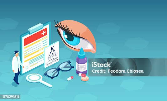 istock Isometric vector of ophthalmologist doctor ready to perform eyesight check up 1170291811