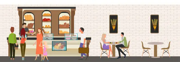 Vector illustration of Vector of people staying in line shopping in the bakery buying bread abd cakes