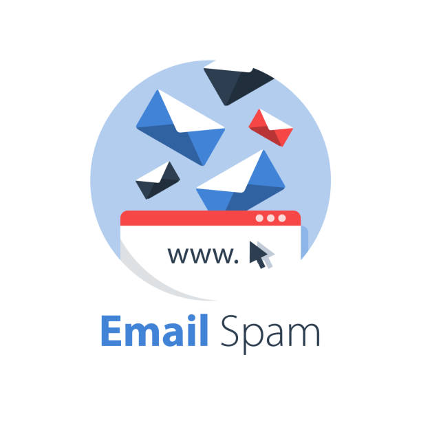 ilustraciones, imágenes clip art, dibujos animados e iconos de stock de gestión de correo electrónico, caída de cartas de spam, bandeja de entrada excesivamente completa - spamfilter