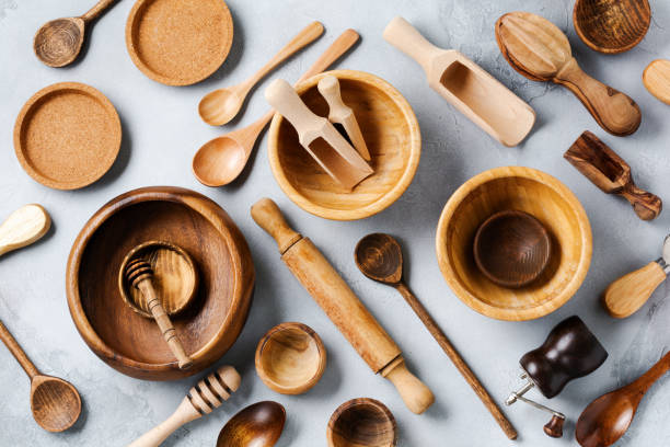 istock Wooden empty dishes for cooking on gray concrete background. Zero waste concept. Flat lay. 1170293141