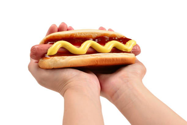 Hot dog in woman hand isolated on white background. Copy space.