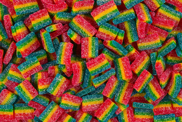 istock Rainbow juicy gummy candies background. Top view. Jelly  sweets. 1170295017