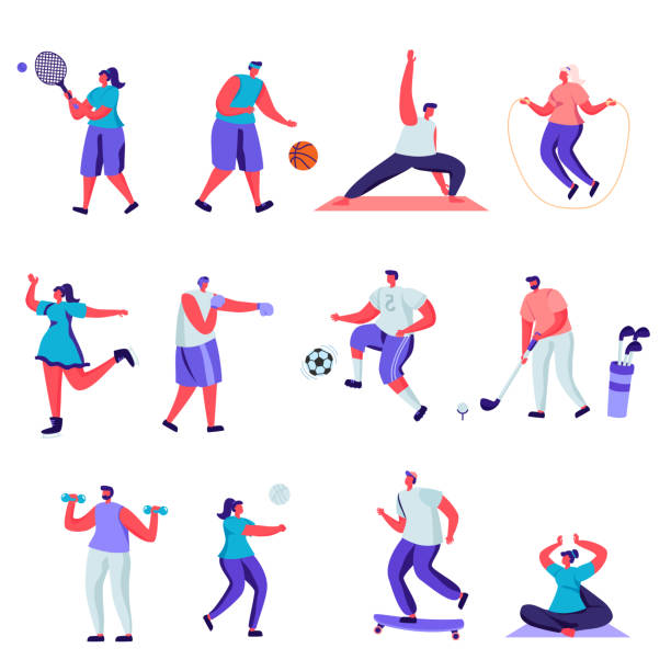 Set of flat people sports activities characters. Bundle cartoon people Set of flat people sports activities characters. Bundle cartoon people happy training or exercising isolated on white background. Vector illustration in flat modern style. cartoon of the physical fitness stock illustrations
