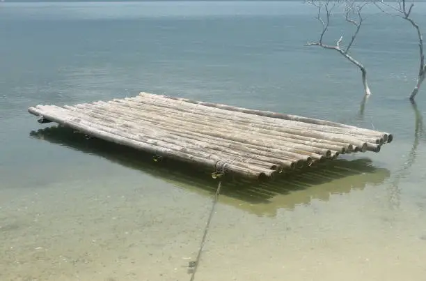 Bamboo raft is floating in the lagoon.