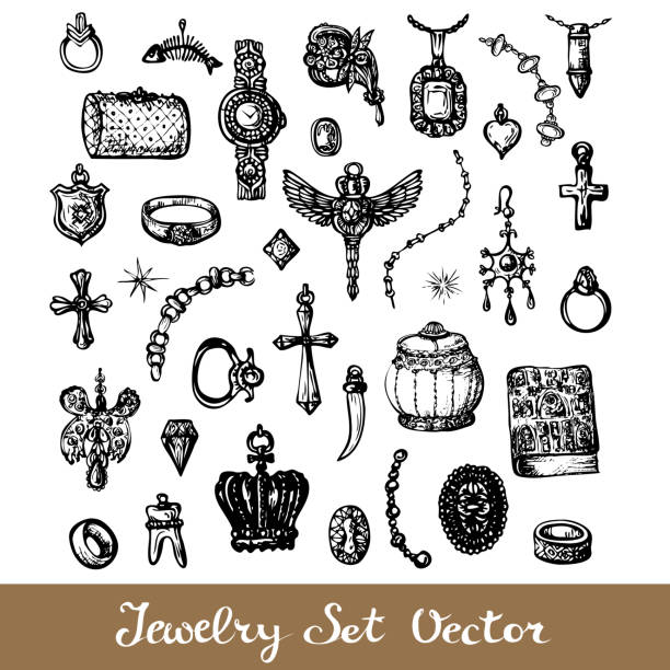 illustrazioni stock, clip art, cartoni animati e icone di tendenza di set di gioielli in stile doodle. - brooch jewelry antique gem
