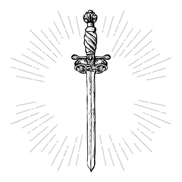 Ornate Sword. Hand drawn saber. Added rays vintage elements. Hipster style. Graphic design in black and white. Vector illustration. excalibur stock illustrations