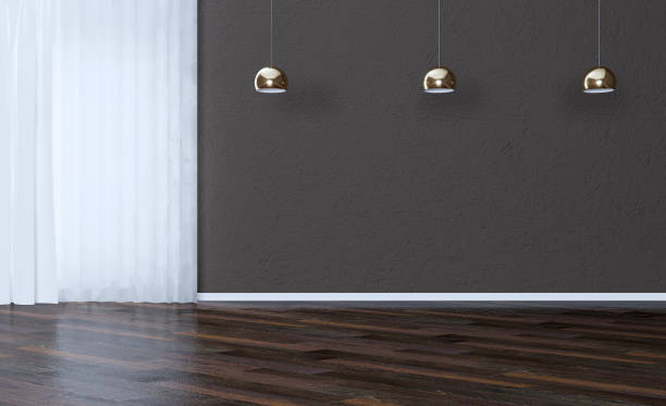 istock empty interior with dark walls and large window. decorative vase with white branches. brown parquet made of natural wood.. 3D rendering. 1170302259