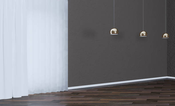 istock empty interior with dark walls and large window. decorative vase with white branches. brown parquet made of natural wood.. 3D rendering. 1170302281