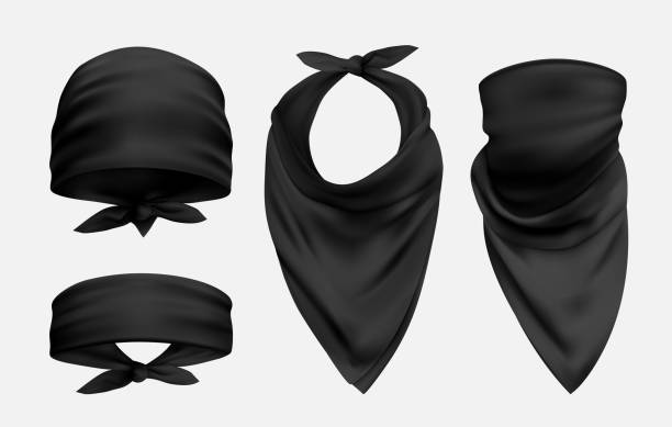 Black bandana realistic illustrations set isolated on white background Black bandana realistic illustrations set. Head and neck 3d accessory. Biker and cowboy clothes for protecting face isolated on white background. Fashionable silk kerchief. Unisex clothing country fashion stock illustrations
