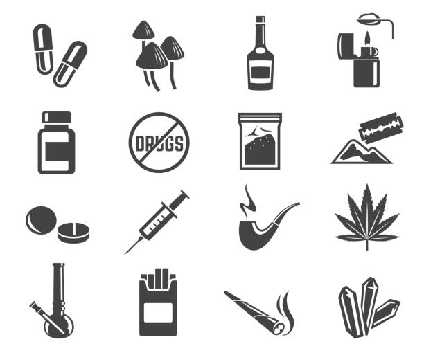 Drugs glyph icons set isolated on white background Drugs glyph icons set. Narcotics, syringe, pills and marijuana silhouette symbols. Addictive drug vector isolated clipart collection. Mushroom, cocaine, capsules and tobacco design elements medicine silhouettes stock illustrations