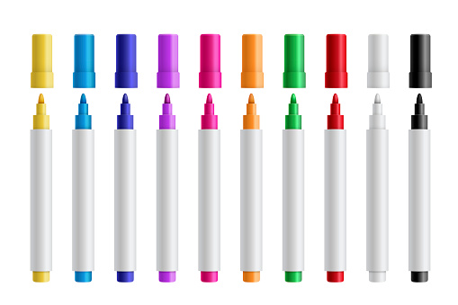 Colorful marker pens set vector realistic illustration. Children and artist pencils 3D isolated cliparts pack. Kids vivid painting tools, various color palette. Office highlighters design elements