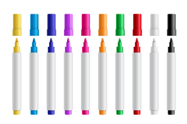 Colorful marker pens set vector realistic illustration Colorful marker pens set vector realistic illustration. Children and artist pencils 3D isolated cliparts pack. Kids vivid painting tools, various color palette. Office highlighters design elements felt tip pen stock illustrations