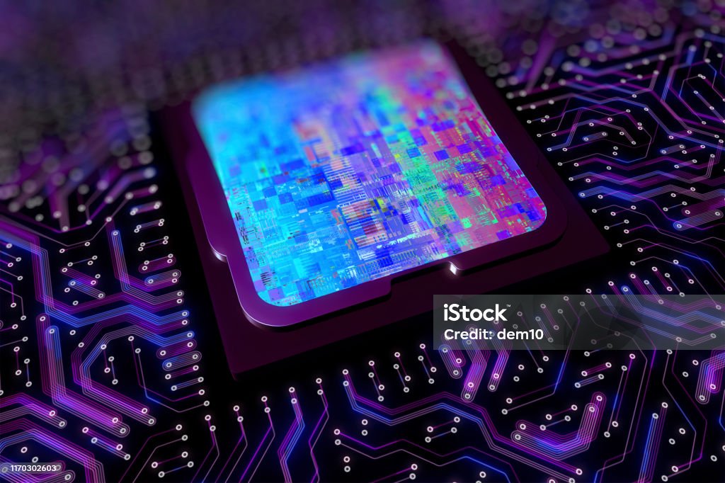 Computer processor circuit board with glitch Semiconductor Stock Photo