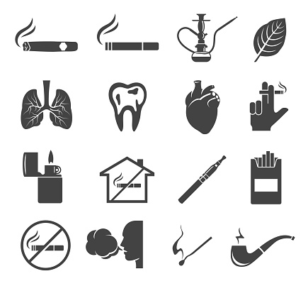 Smoking glyph icons set. Heart disease, lung cancer silhouette symbols. Cigar, pipe, cigarettes smoking in public place prohibited vector isolated clipart collection. Bad habit design elements