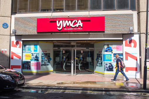London, UK - August  2019: YMCA London Central front main entrance on Great Russell St, Bloomsbury, London.The world’s first YMCA, leading UK health, education and wellbeing charity