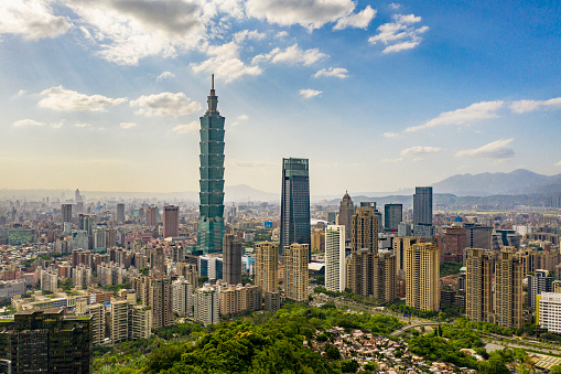 Aerial view in Taipei with capital building Taipei 101, Taiwan.