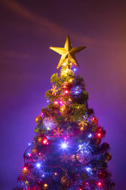 istock Christmas tree with festive lights, purple background 1170306542