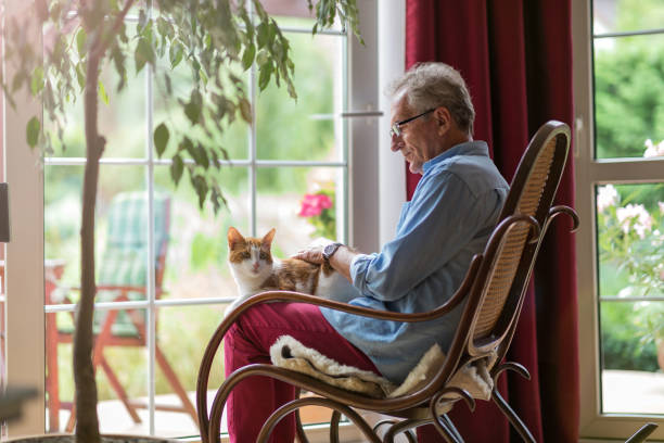 uomo anziano seduto su una sedia a dondolo con il suo gatto in grembo - sedia a dondolo foto e immagini stock