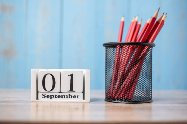 istock Hello September Calendar, Welcome Back to school concept with notebook and pencils. copy space for text 1170308297