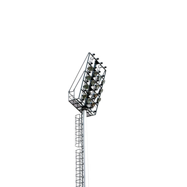 Spotlights tower at football stadium on white background.