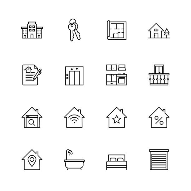 zestaw ikon linii nieruchomości - computer icon symbol icon set real estate stock illustrations