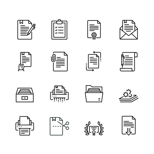 ilustraciones, imágenes clip art, dibujos animados e iconos de stock de conjunto de iconos de línea de documento - symbol computer icon ring binder file