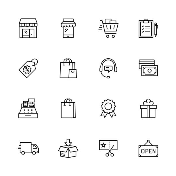 ilustraciones, imágenes clip art, dibujos animados e iconos de stock de conjunto de iconos de la línea de compras - shopping