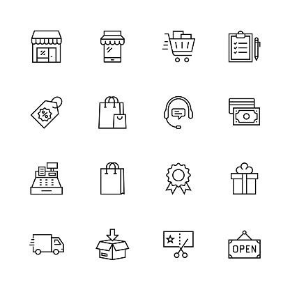 Simple Set of Shopping Related Vector Line Icons. Contains such Icons as Mobile Shop, Payment Options, Sizing Guide, Starred, Delivery and more. Editable Stroke. 32x32 Pixel Perfect.