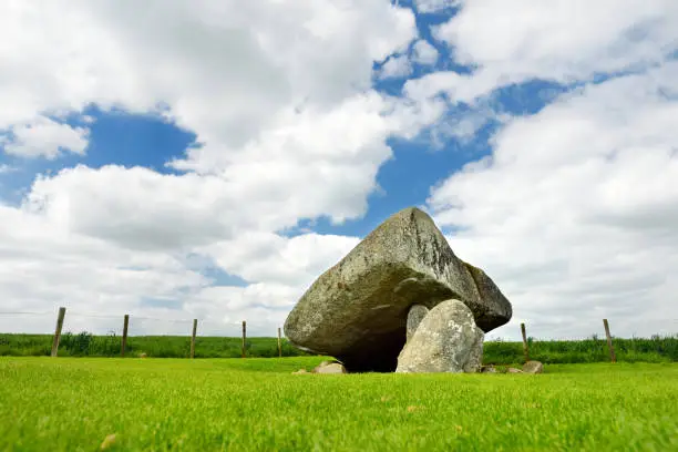The Brownshill Dolmen, officially known as Kernanstown Cromlech, a magnificent megalithic granite capstone, weighing about 103 tons, located in County Carlow, Ireland.