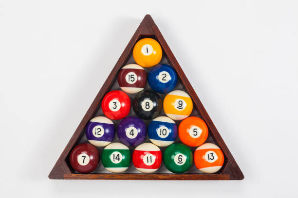 Overhead close up of pool balls in a triangle on a white background
