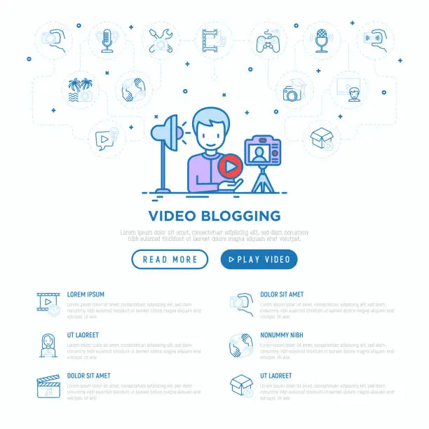 Vector illustration of Video blogging web page template: blogger films video on camera on tripod and using lighting. Modern vector illustration.