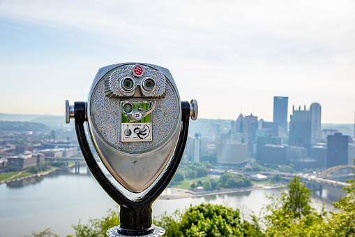 Pittsburgh city downtown aerial view from Point of view park binocular, sunny spring day. Pennsylvania, USA