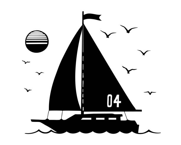 silhouette of sailboat, vector sign for sailing. Sailing yacht silhouette vector sketch. A boat with a flag floating on the waves. Sun and sea gulls on a white background. white sailboat silhouette stock illustrations