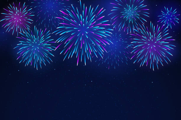 istock Colorful fireworks on a dark background. Bright fireworks in the night starry sky. Background for festive design, party. Vector illustration 1170316560