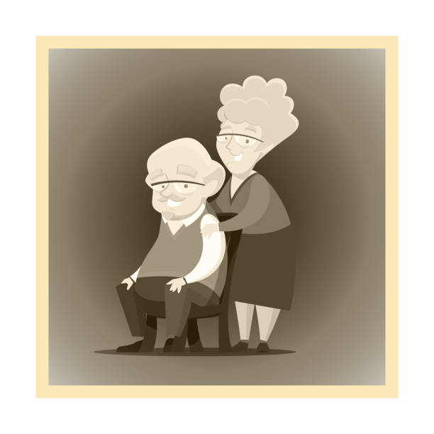 幸せな古い祖父母が一緒にポーズをとる古い黒と白の写真 - senior couple senior adult embracing grandmother点のイラスト素材／クリップアート素材／マンガ素材／アイコン素材